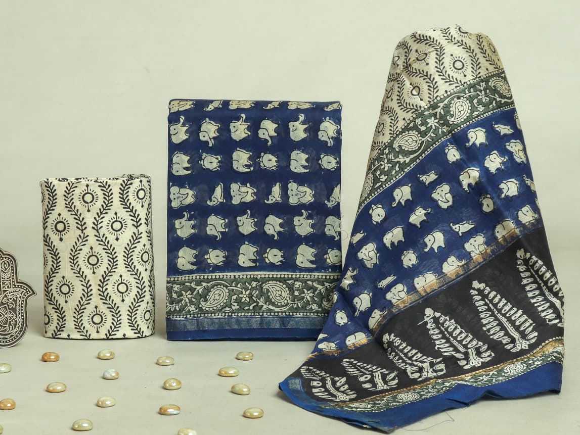 TRADITIONAL HAND BLOCK PRINT CHANDERI SILK SUIT SET WITH PREMIUM CHANDERI DUPATTA (CHDYS302)