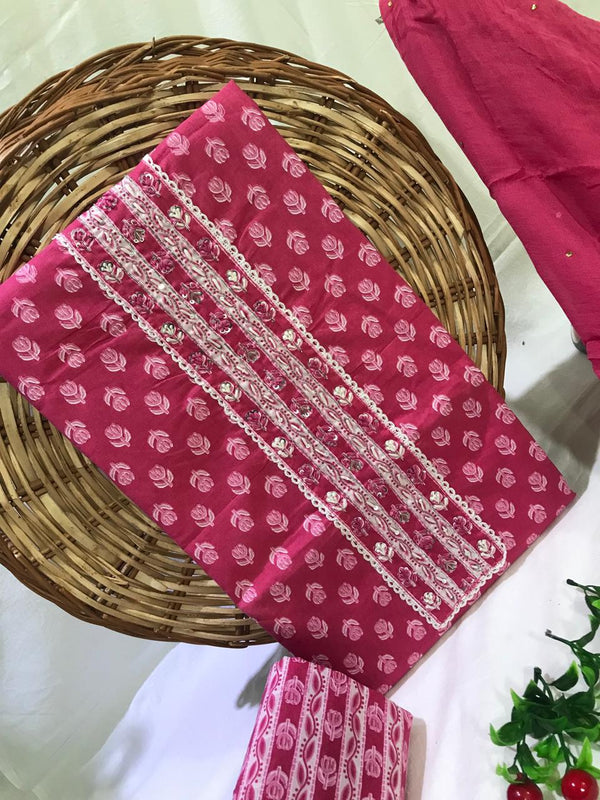 SANGANERI PRINT COTTON SUIT MATERIAL WITH CHIFFION DUPATTA  NECK WORK (GOTAYS140)