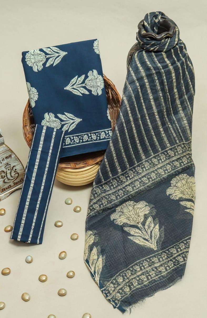 DESIGNER HAND BLOCK PRINT PURE COTTON SUIT MATERIAL WITH KOTA DORIA DUPATTA (3CKDYS37)