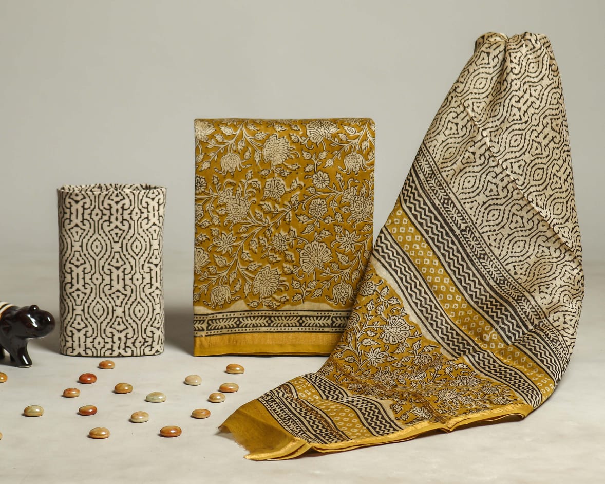 ELEGANT HAND BLOCK CHANDERI SILK SUIT SET WITH CHANDERI DUPATTA (CHDYS178)
