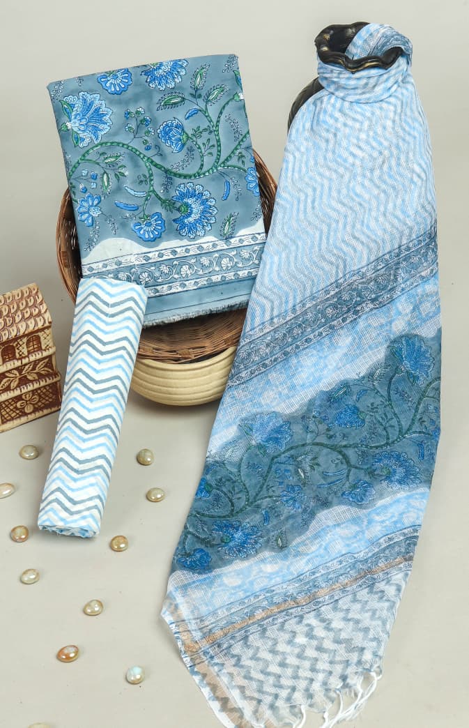 APPEALING HAND BLOCK PURE COTTON SUIT WITH KOTA DORIA DUPATTA (3CKDYS157)