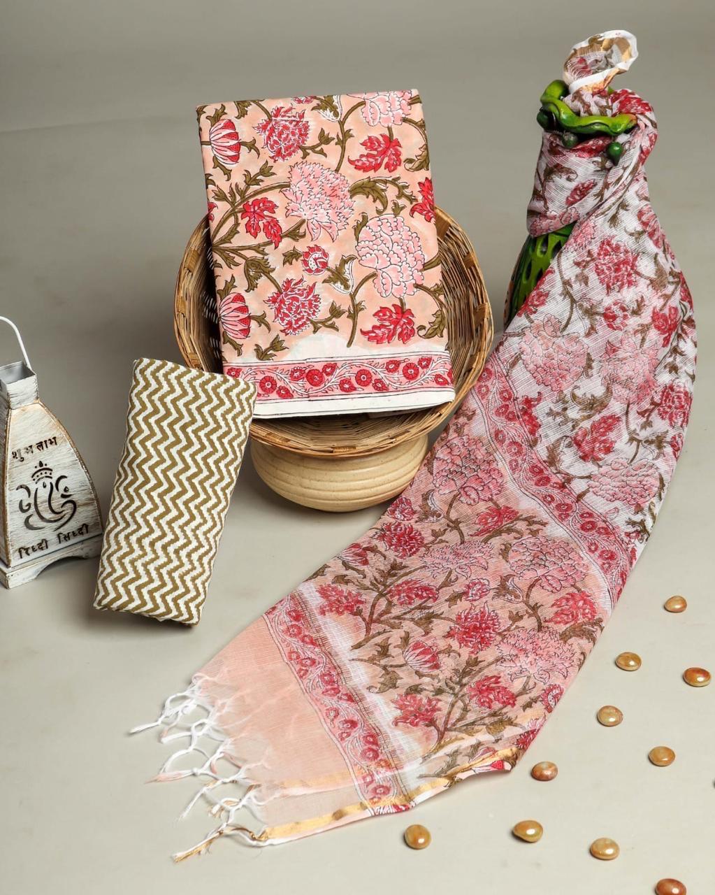DESIGNER HAND BLOCK PRINT PURE COTTON SUIT MATERIAL WITH KOTA DORIA DUPATTA (3CKDYS67)