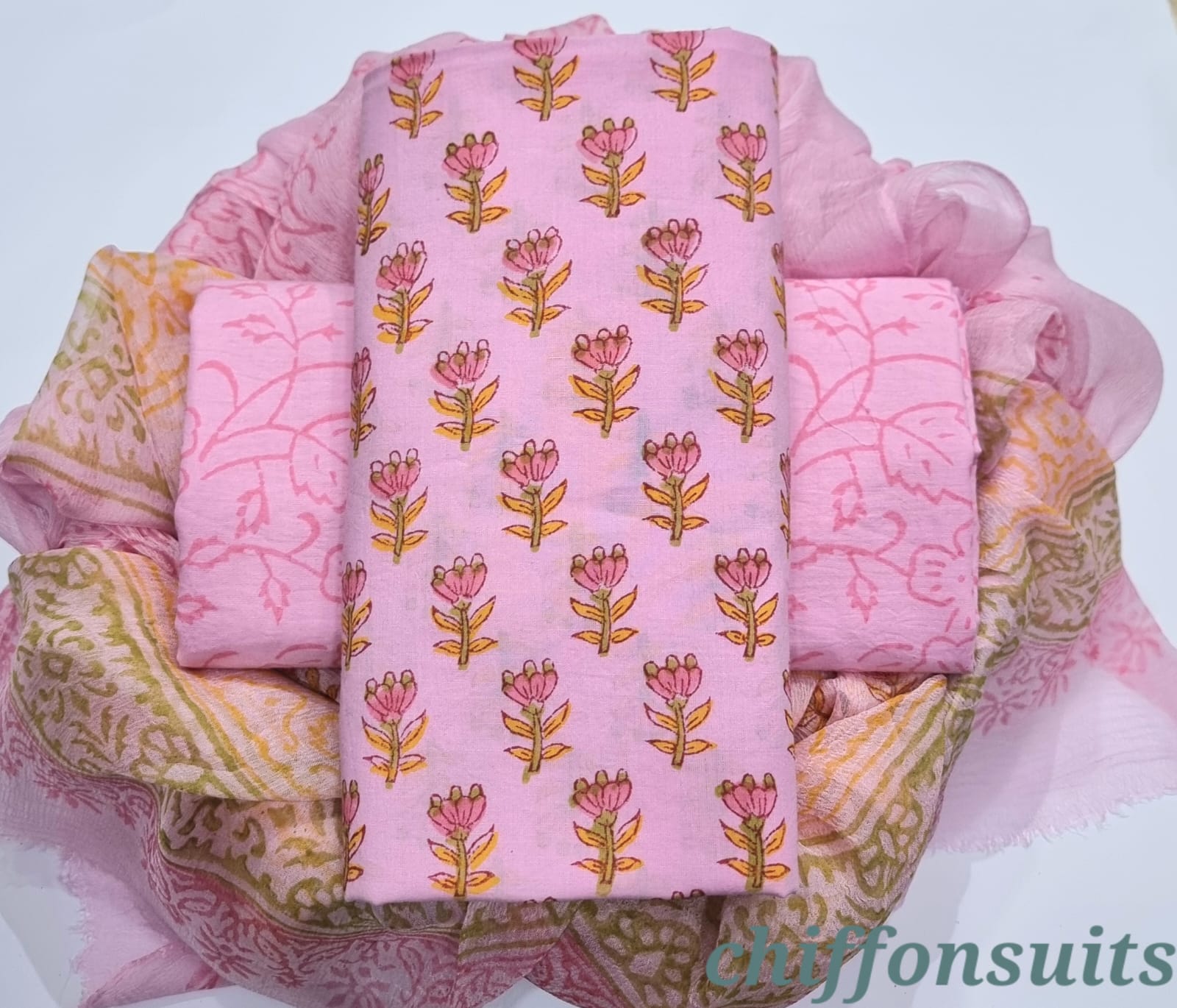 DESIGNER HAND BLOCK PRINT PURE COTTON SUIT WITH CHIFFON DUPATTA (PCHFYS148)