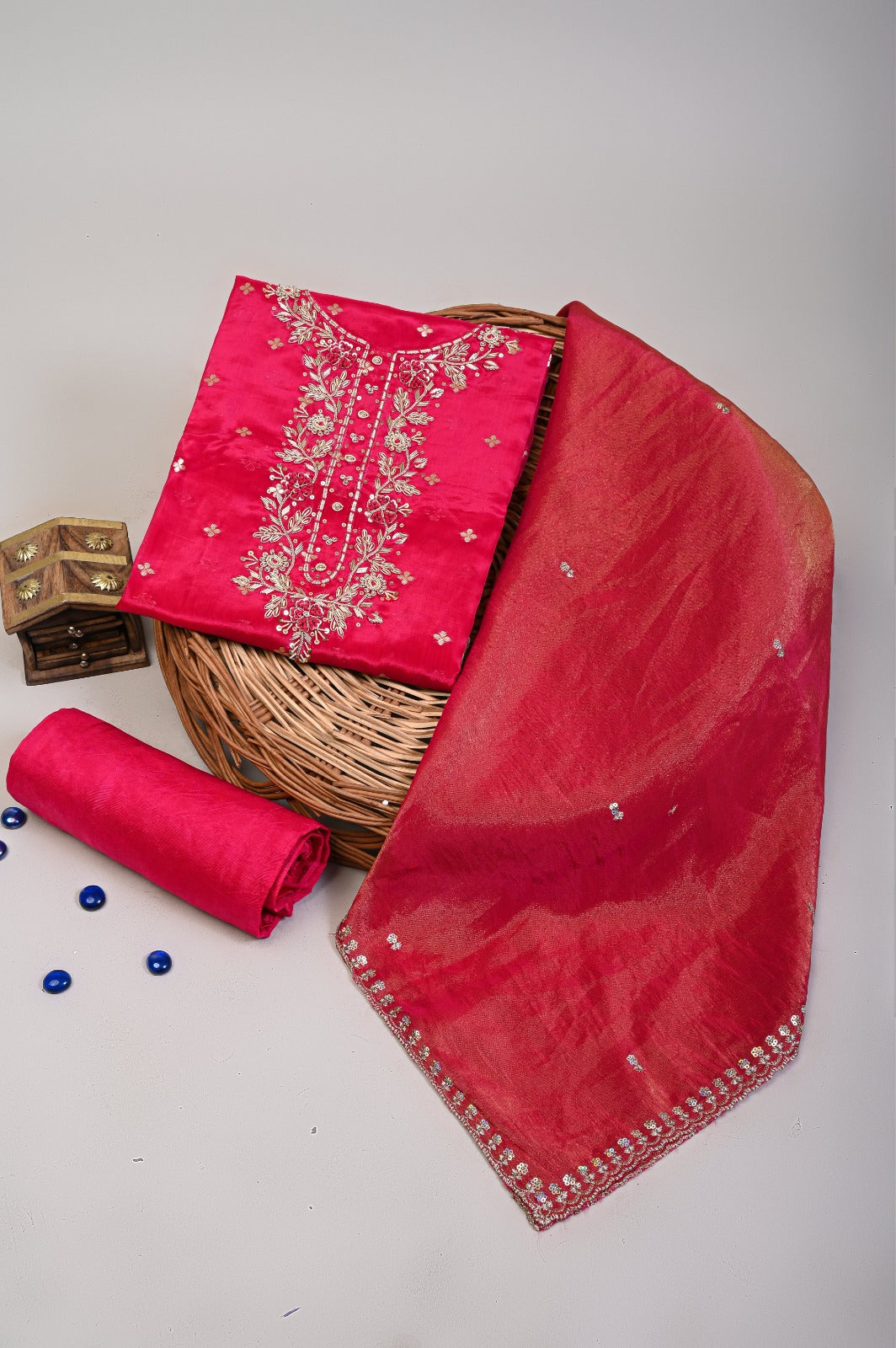 DESIGNER CHANDERI SILK SUIT WITH ORGANZA  DUPPTA NECK WORK (GOTAYS130)