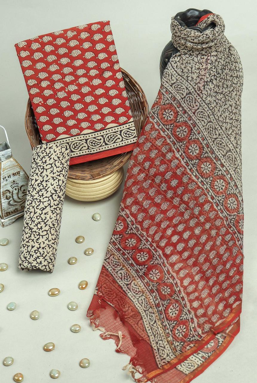 DESIGNER HAND BLOCK PRINT PURE COTTON SUIT MATERIAL WITH KOTA DORIA DUPATTA (3CKDYS86)