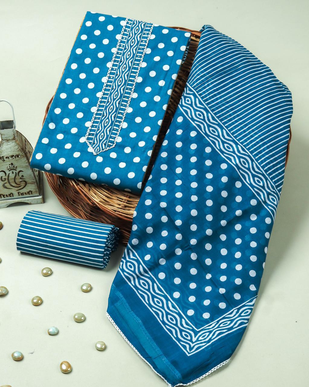 Sanganeri print cotton suit material with cotton dupatta Gotta Tye neck work (GOTAYS (GOTAYS146)