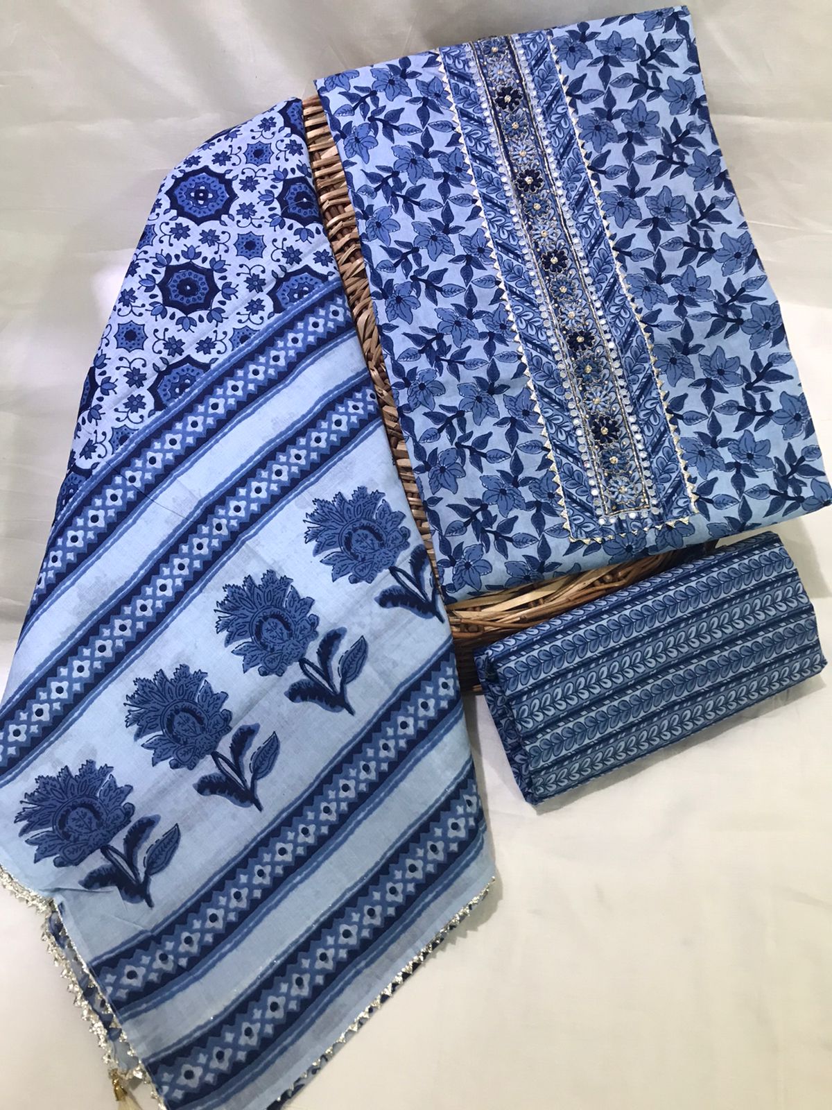 Sanganeri print cotton suit material with cotton dupatta Gotta Tye neck work (GOTAYS50)