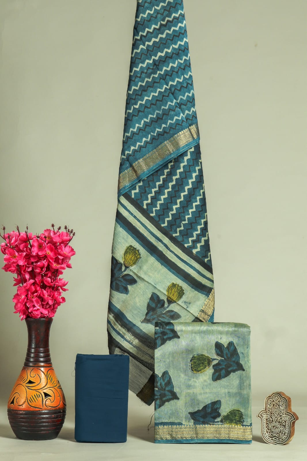 Designer Hand Block Print Maheshwari Silk Suit Set (MSLYS07)