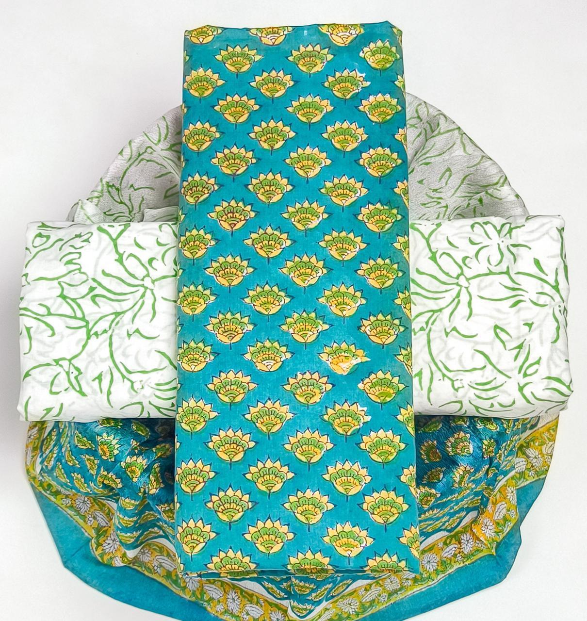 HAND BLOCK PRINT PURE COTTON SUIT WITH CHIFFION DUPTTA (PCHFY86)