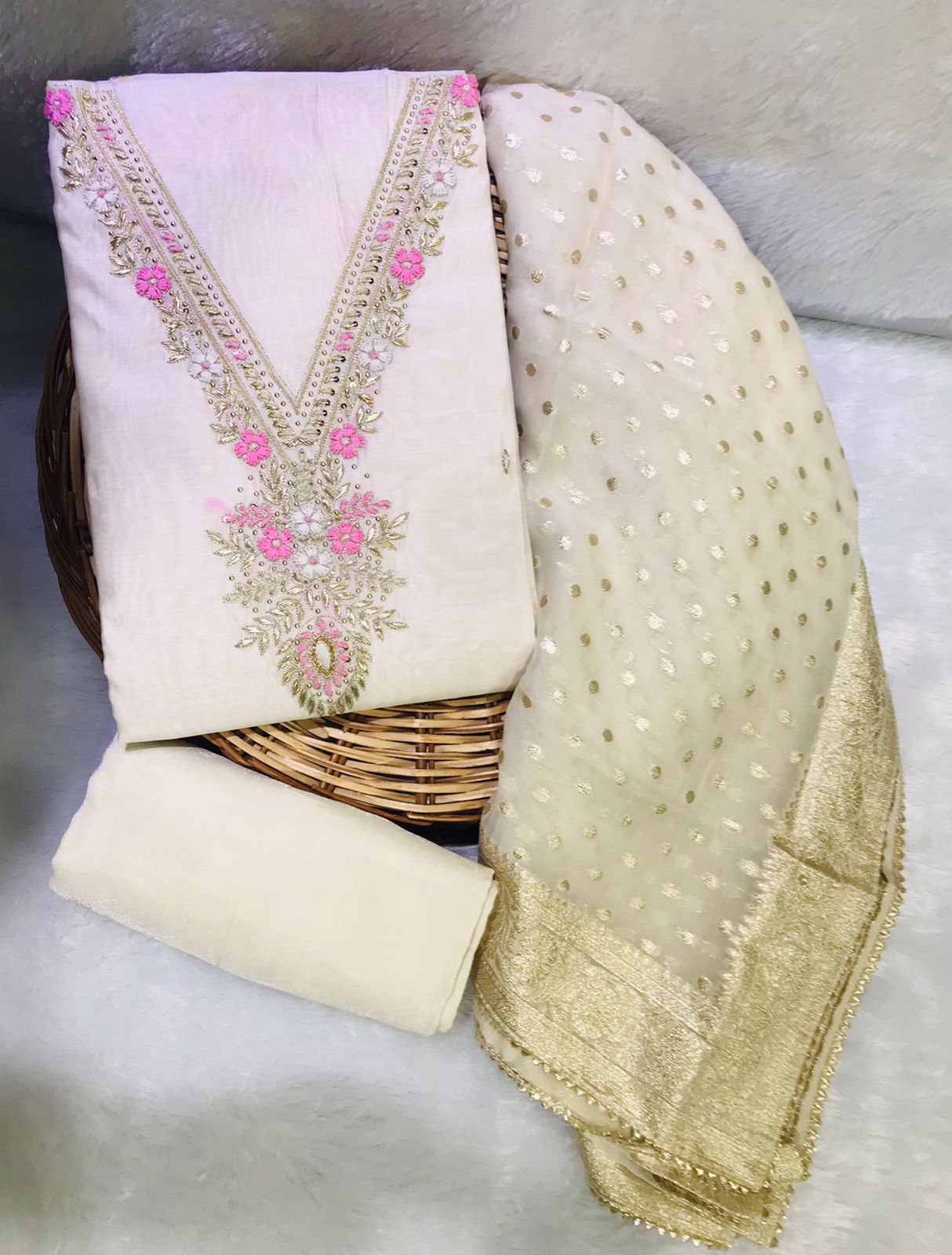 DESIGNER CHANDERI SILK SUIT WITH ORGANZA DUPPTA NECK WORK (GOTAYS96)