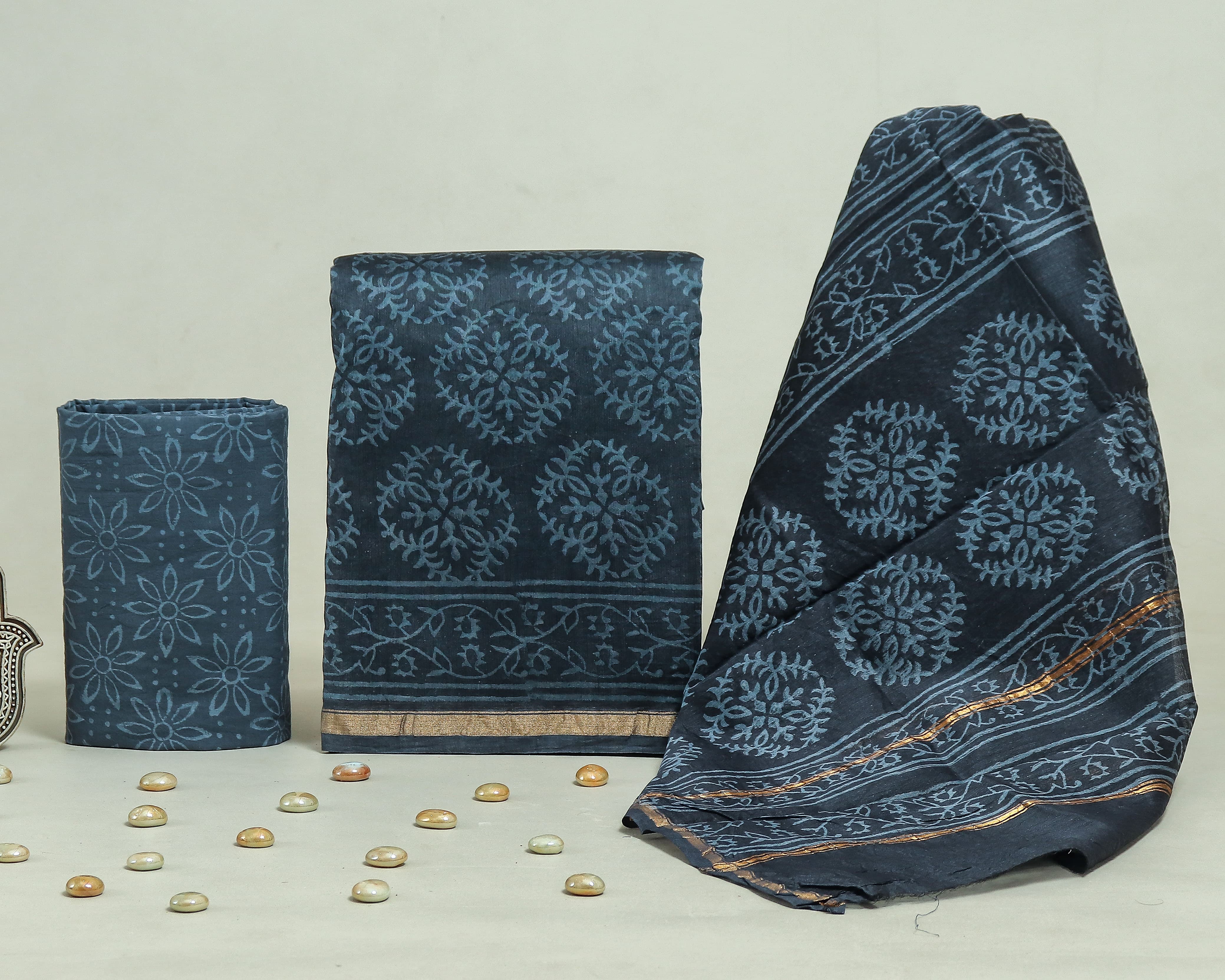 DESIGNER HAND BLOCK PRINT CHANDERI SILK SUIT SET WITH PREMIUM CHANDERI DUPATTA (CHDYS292)