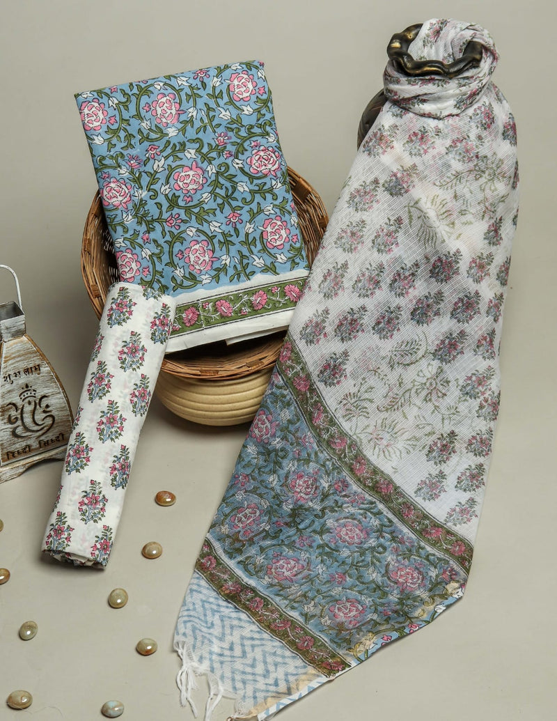 EXCLUSIVE HAND BLOCK PRINT PURE COTTON SUIT WITH KOTA DORIYA DUPTTA (3CKDYS137)