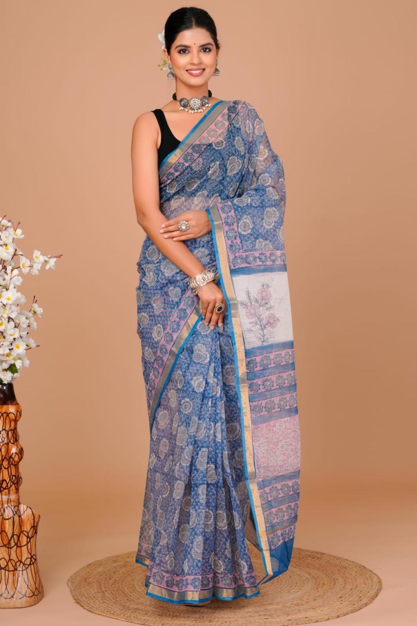 DESIGNER HAND BLOCK PRINTED KOTA DORIA SILK SAREE (KDSYS16)
