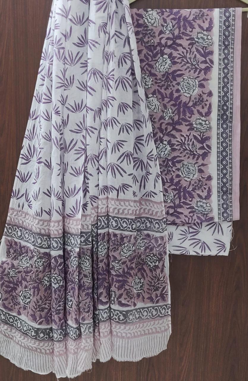 Designer Hand Block Print Pure Cotton Suit with Cotton Mulmul Dupatta (MALYS09)