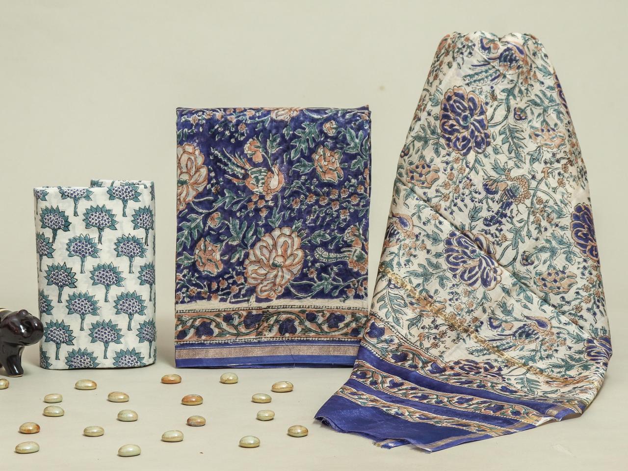 DESIGNER HAND BLOCK PRINT CHANDERI SILK SUIT SET WITH PREMIUM CHANDERI DUPATTA (CHDYS74)
