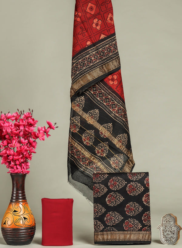 Traditional Bagru Printed Maheshwari Silk Suit (Mslys196)