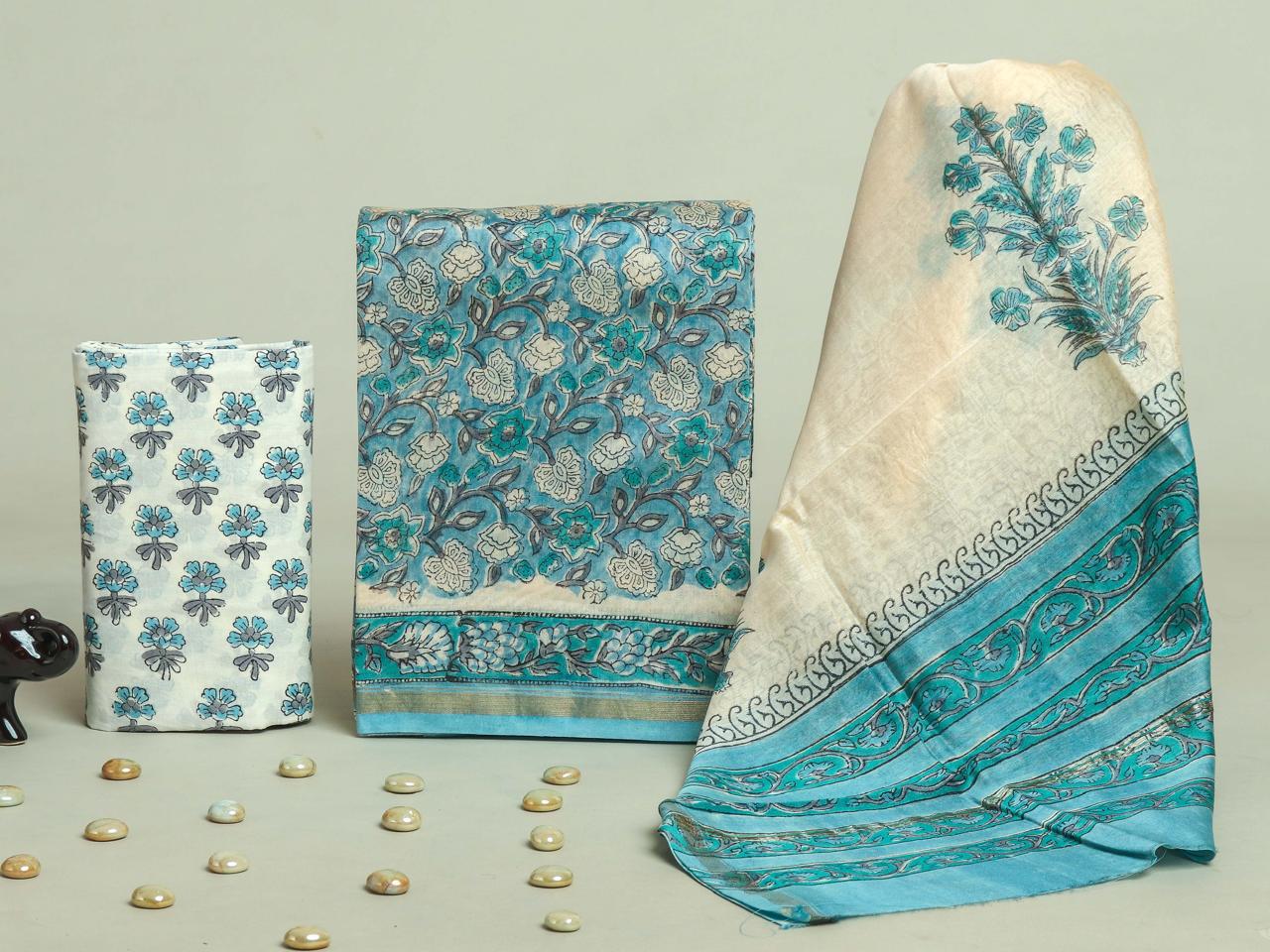 EXCLUSIVE  HAND BLOCK CHANDERI SILK SUIT SET WITH CHANDERI DUPATTA (CHDYS139)