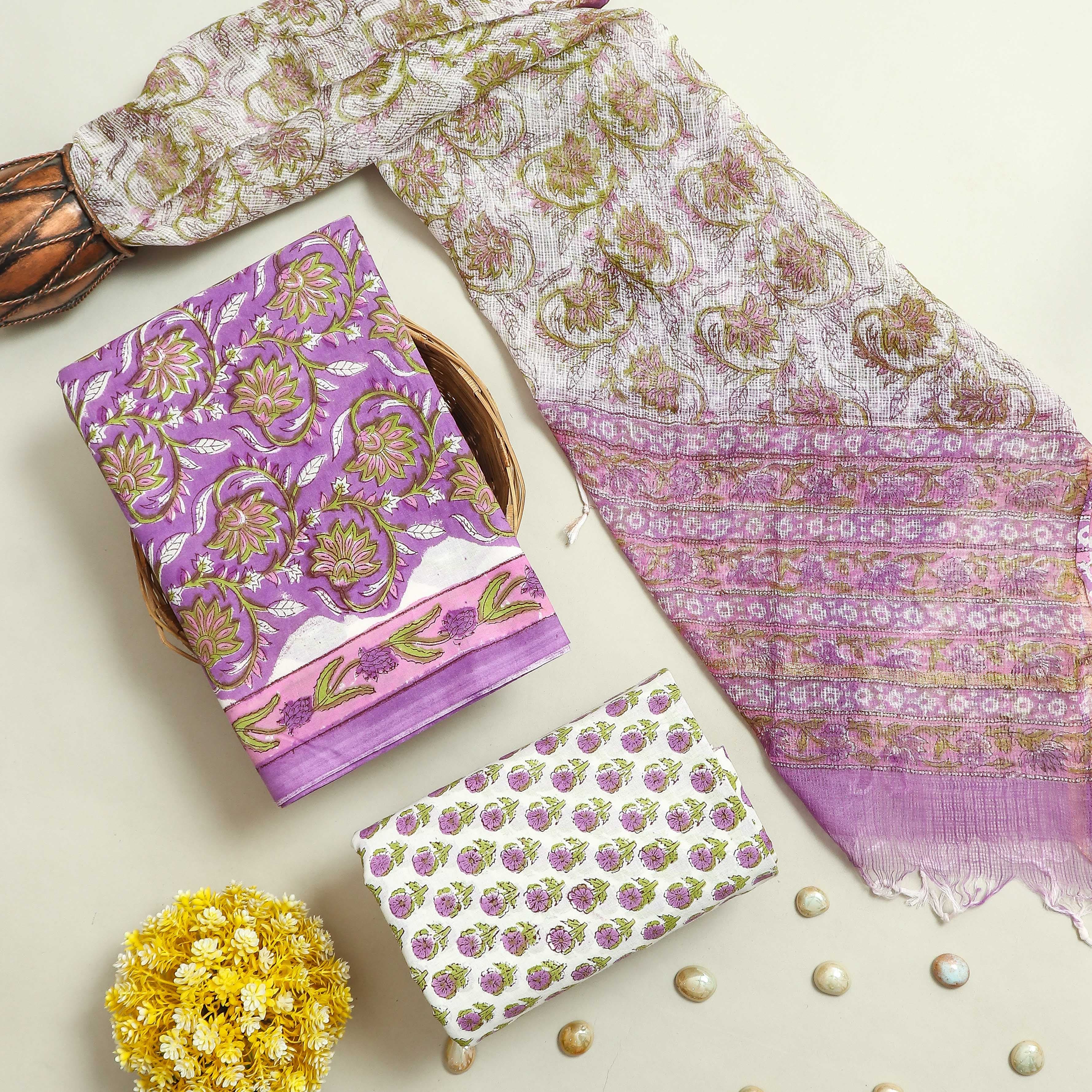DESIGNER HAND BLOCK PRINT PURE COTTON SUIT MATERIAL WITH KOTA DORIA DUPATTA (3CKDYS237)