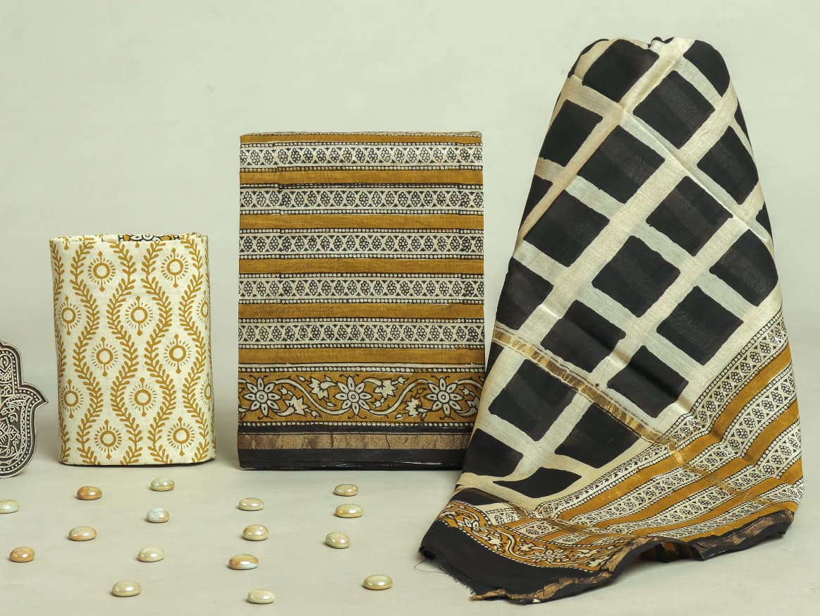 EXCLUSIVE HAND BLOCK CHANDERI SILK SUIT SET WITH CHANDERI DUPATTA (CHDYS179)