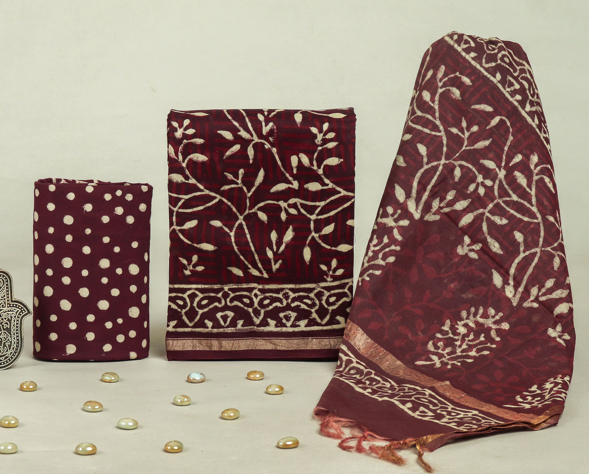 DESIGNER HAND BLOCK PRINT CHANDERI SILK SUIT SET WITH PREMIUM CHANDERI DUPATTA (CHDYS63)
