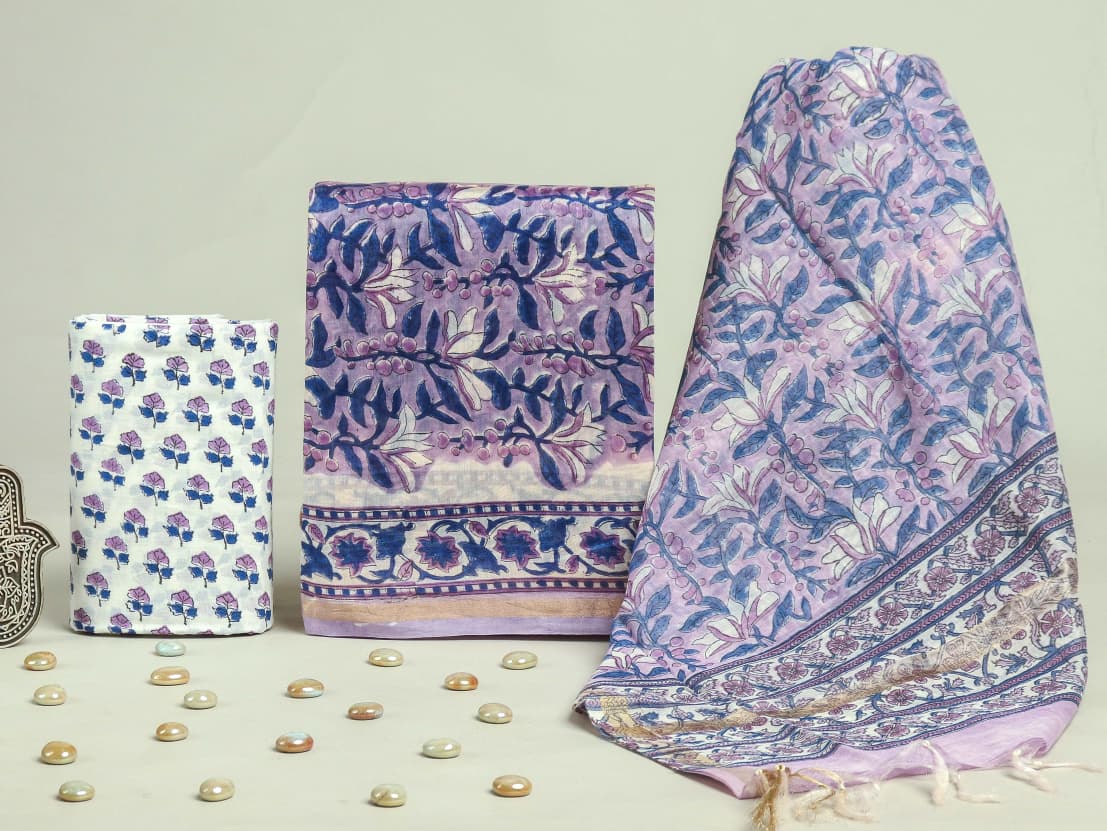 DESIGNER HAND BLOCK PRINT CHANDERI SILK SUIT SET WITH PREMIUM CHANDERI DUPATTA (CHDYS54)