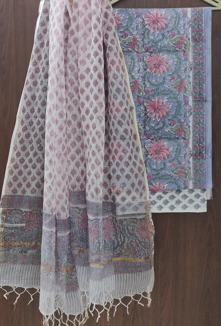 DESIGNER HAND BLOCK PRINT PURE COTTON SUIT MATERIAL WITH KOTA DORIA DUPATTA (3CKDYS20)