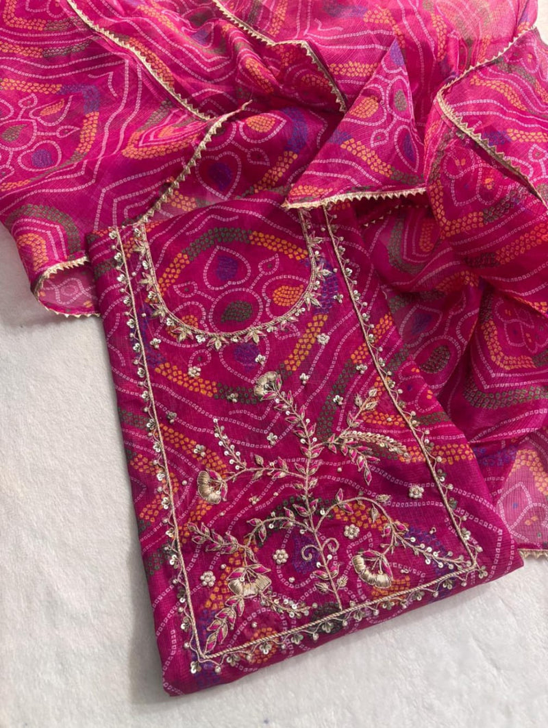 Kota Doriya Bandhej Fabric With Zardozi Gota patti Handwork Suit (KDZ78)