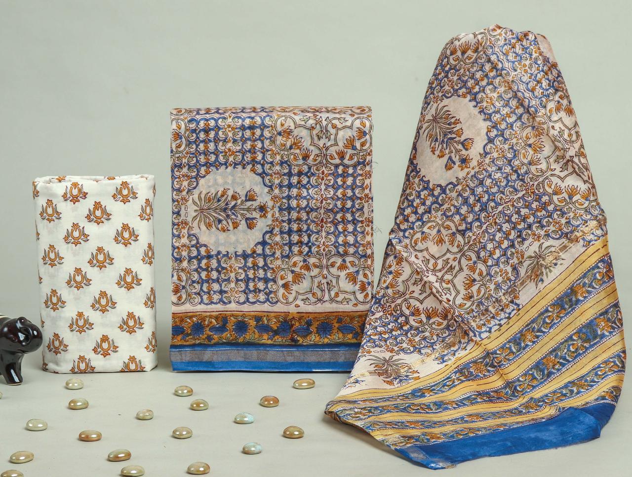 YUVI STYLE HAND BLOCK CHANDERI SILK SUIT SET WITH CHANDERI DUPATTA (CHDYS207)
