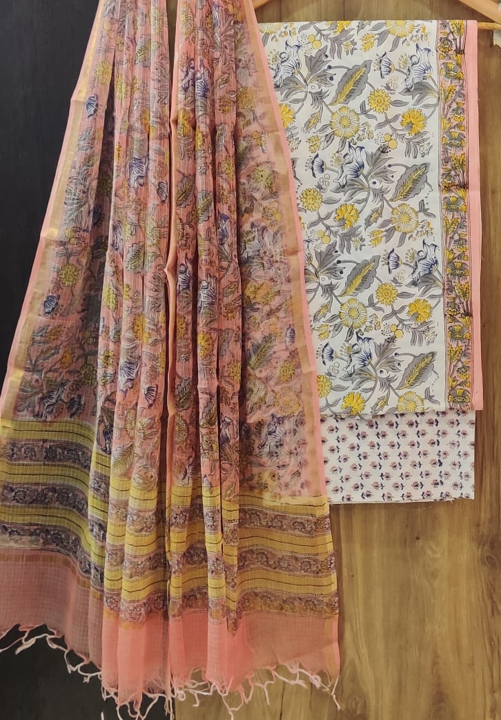 DESIGNER HAND BLOCK PRINT PURE COTTON SUIT MATERIAL WITH KOTA DORIA DUPATTA (3CKDYS131)