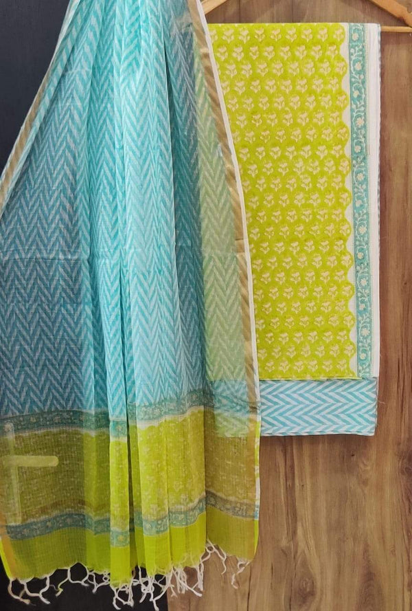 DESIGNER HAND BLOCK PRINT PURE COTTON SUIT MATERIAL WITH KOTA  DORIA DUPATTA (3CKDYS41)