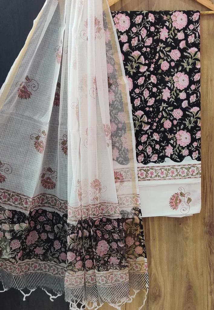 DESIGNER HAND BLOCK PRINT PURE COTTON SUIT MATERIAL WITH KOTA DORIA DUPATTA (3CKDYS49)