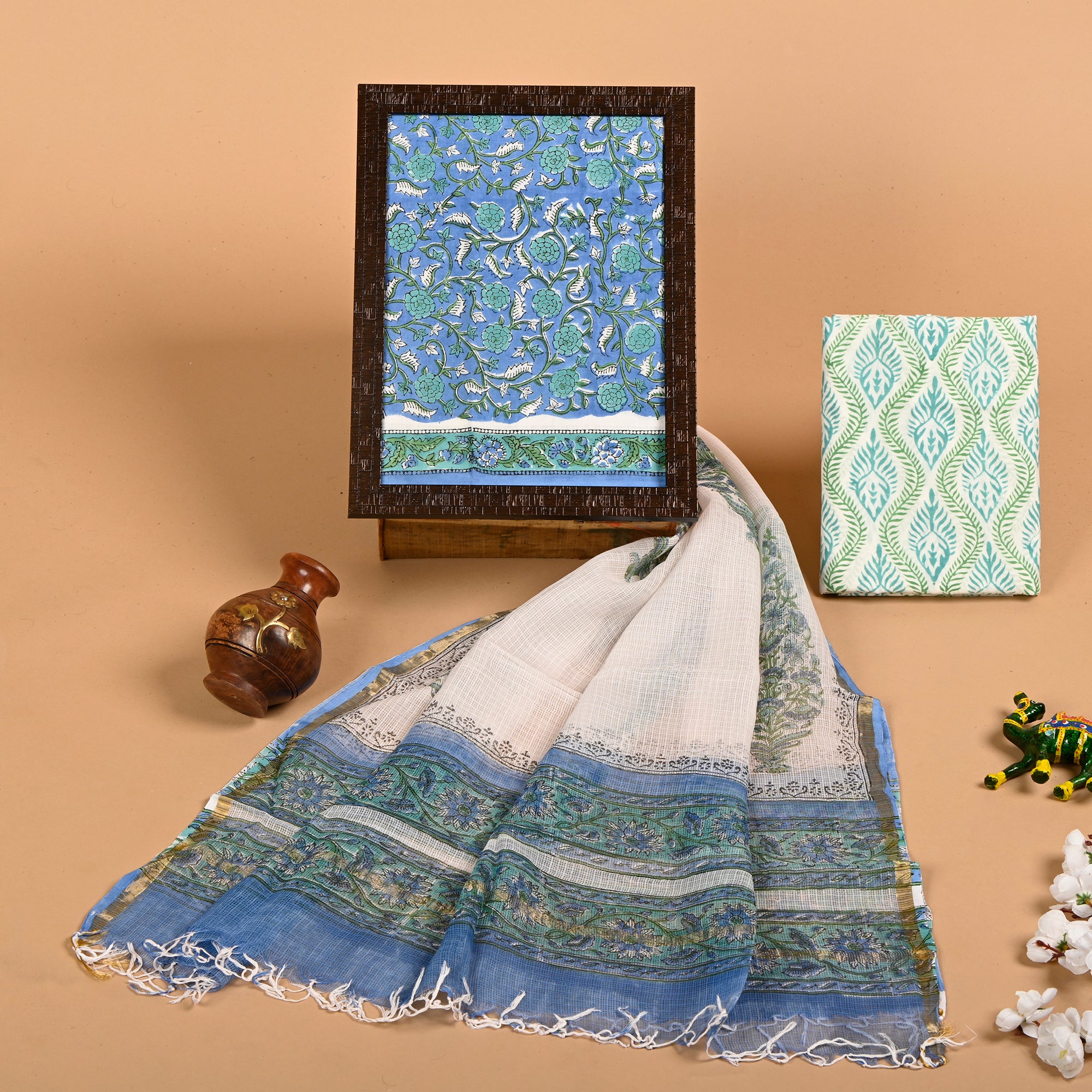 DESIGNER HAND BLOCK PRINT PURE COTTON SUIT MATERIAL WITH KOTA DORIA DUPATTA (3CKDYS65)