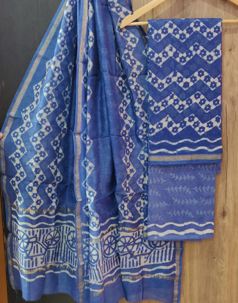 EXCLUSIVE INDIGO HAND BLOCK CHANDERI SILK SUIT SET WITH CHANDERI DUPATTA (CHDYS137)