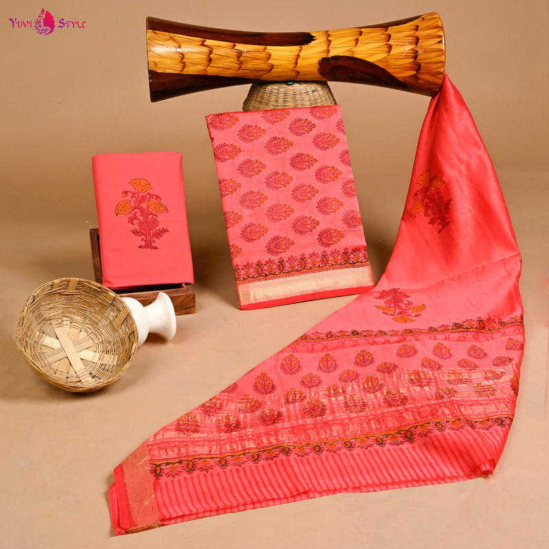 Designer Hand Block Print Mahehwari Silk Suit Set (MSLYS31)