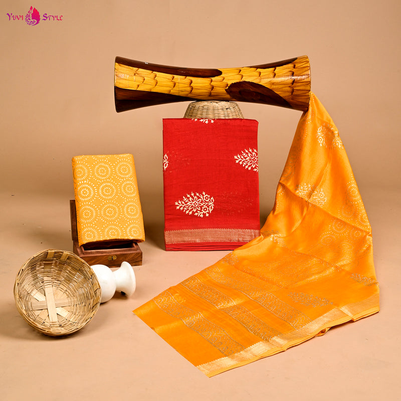DESIGNER HAND BLOCK PRINT MAHESHWARI SILK SUIT SET (MSLYS44)