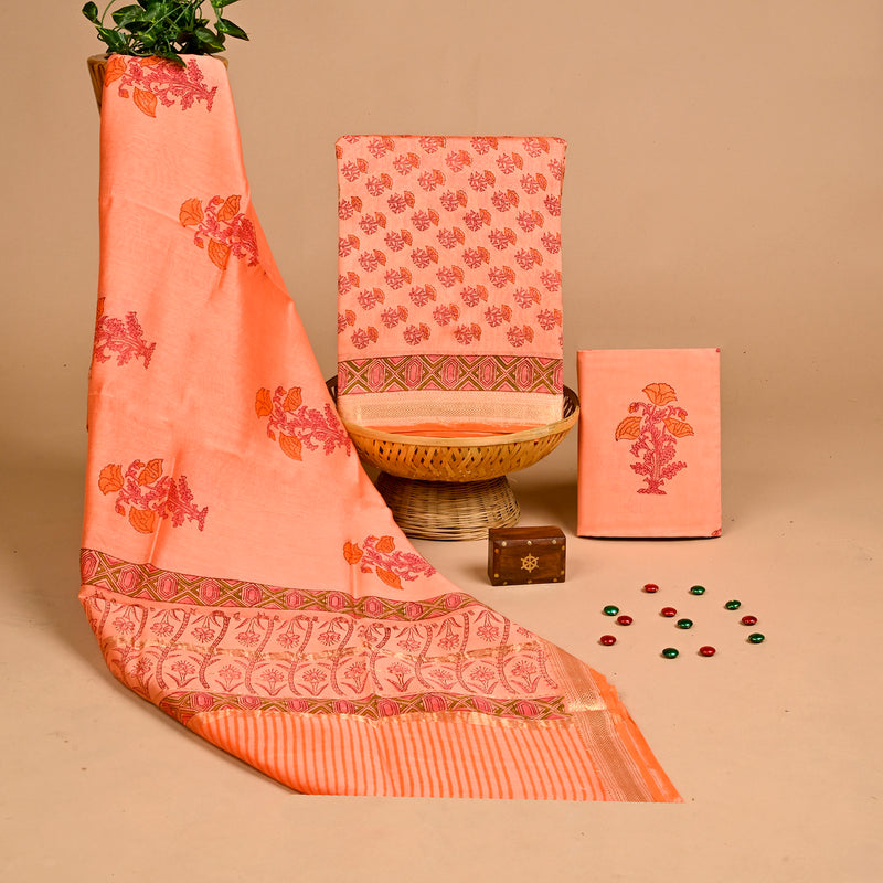 Designer Hand Block Print Maheshwari Silk Suit Set (MSLYS12)