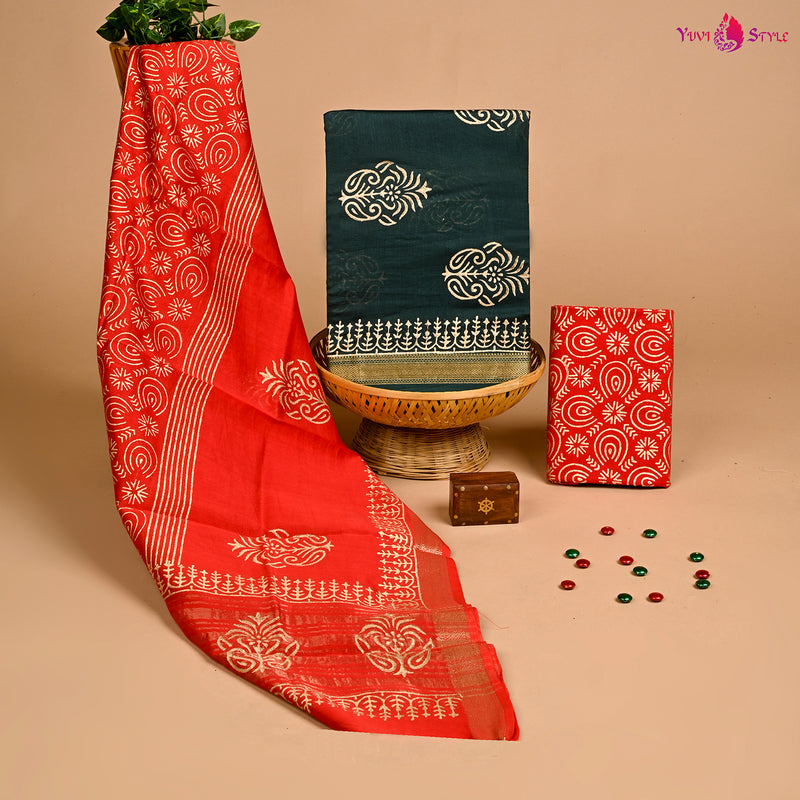 Designer Hand Block Print Maheshwari Silk Suit Set (MSLYS06)