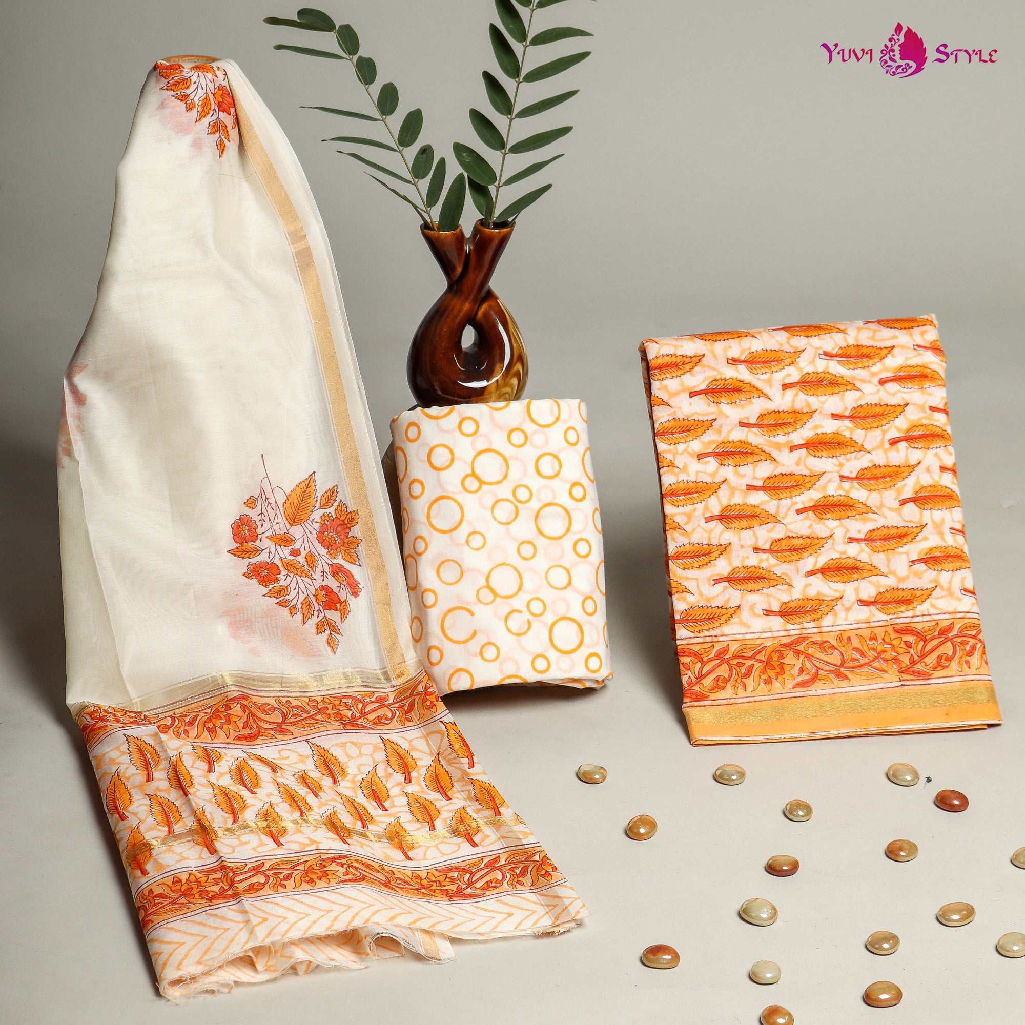 YUVI STYLE HAND BLOCK CHANDERI SILK SUIT SET WITH CHANDERI DUPATTA (CHDYS203)