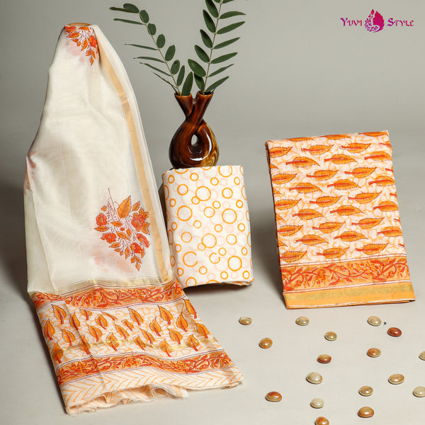 YUVI STYLE HAND BLOCK CHANDERI SILK SUIT SET WITH CHANDERI DUPATTA (CHDYS203)