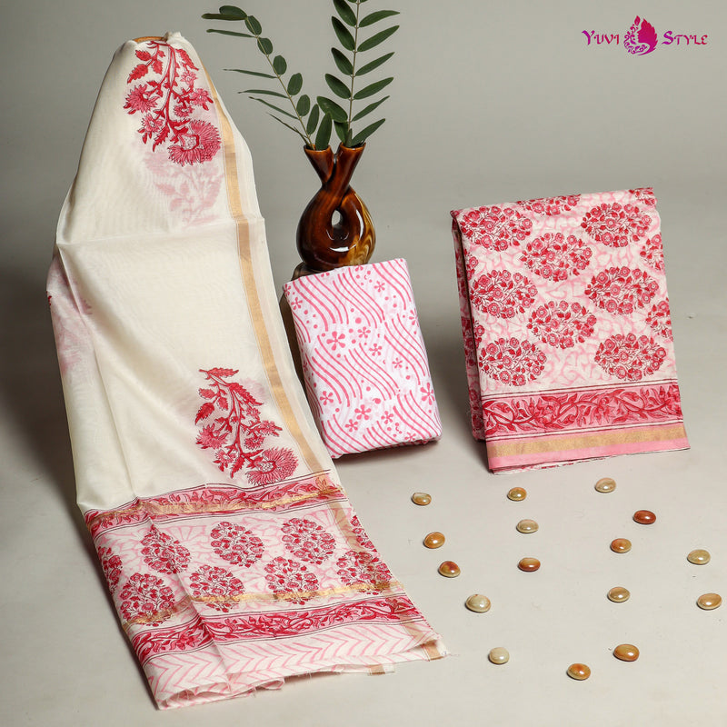 YUVI STYLE HAND BLOCK CHANDERI SILK SUIT SET WITH CHANDERI DUPATTA (CHDYS207)