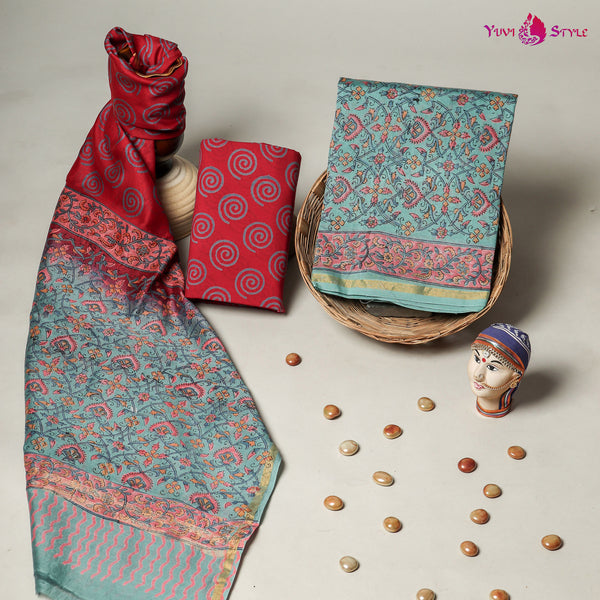 YUVI STYLE HAND BLOCK CHANDERI SILK SUIT SET WITH CHANDERI DUPATTA (CHDYS210)