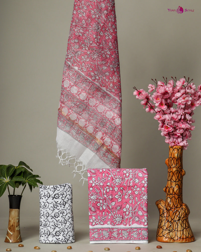 Floral Hand Block Print Cotton Suit Set with Kota Doria Dupatta (3CKDYS204)