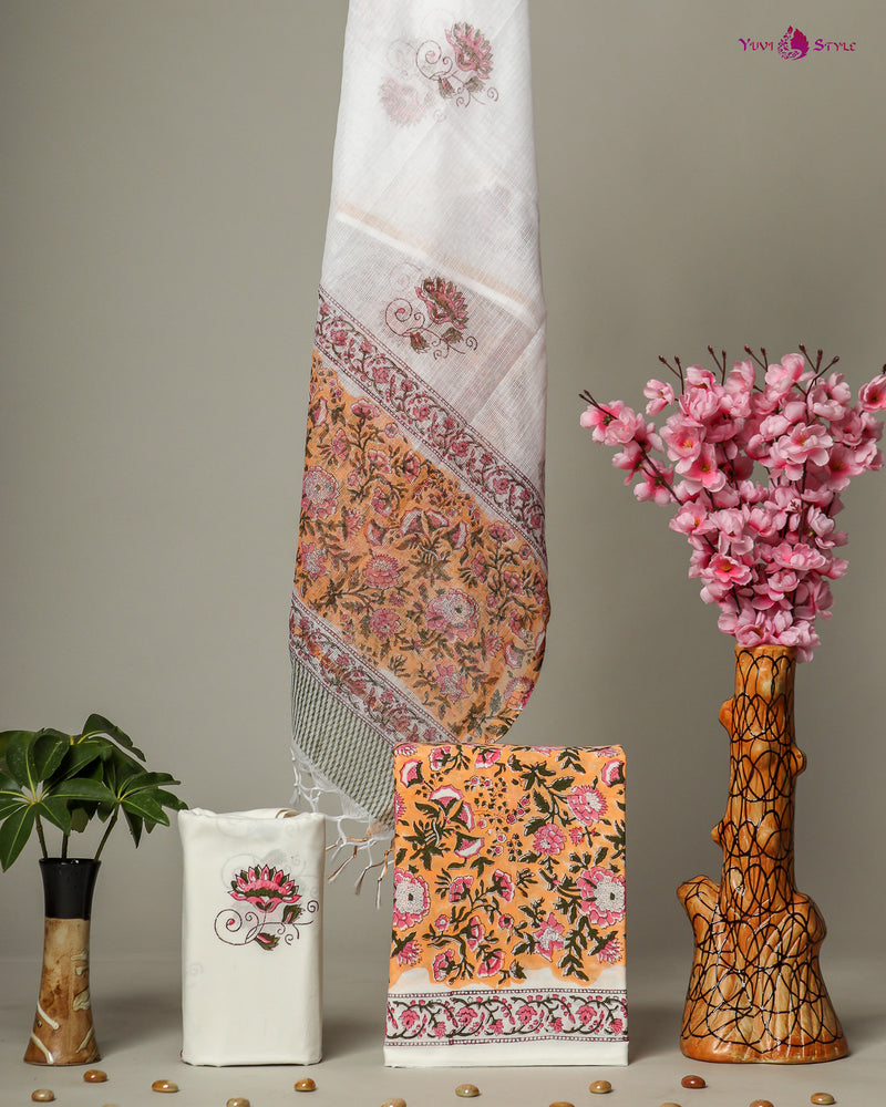 Designer Floral Jaal Hand Block Print Cotton Suit Set with Kota Doria Dupatta (3CKDYS205)