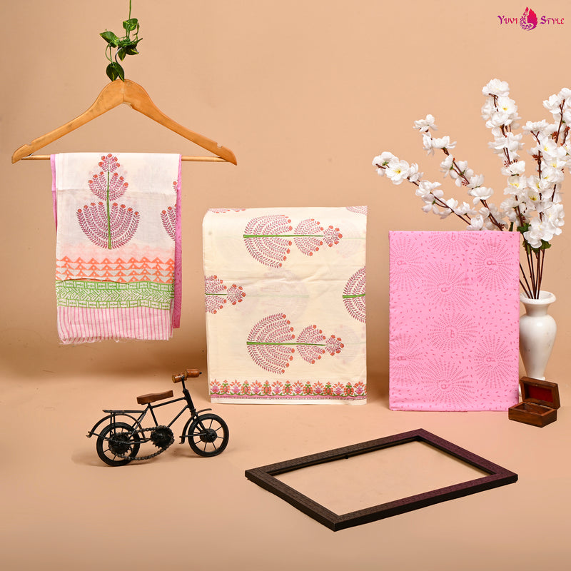 Designer Hand Block Print Pure Cotton Suit with Cotton Mulmul Dupatta (MALYS01)