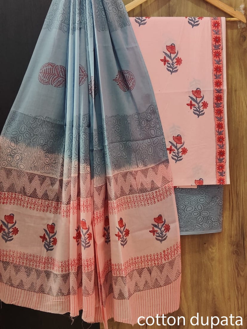 Designer Hand Block Print Pure Cotton Suit with Cotton Mulmul Dupatta (MALYS07)