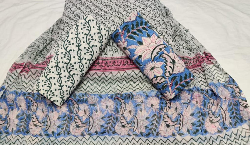 Designer  Hand Block Print  Pure Cotton Suit with Chiffon Dupatta (PCHFYS07)