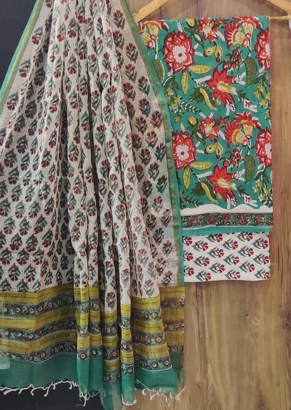 DESIGNER HAND BLOCK PRINT PURE COTTON SUIT WITH KOTA DORIA DUPATTA (3CKDYS103)