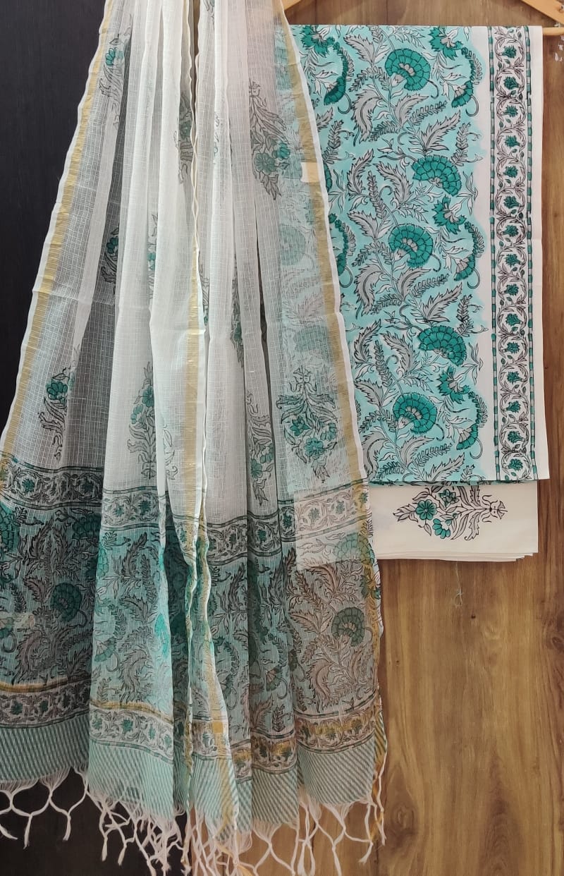Designer Hand Block Print Pure Cotton Suit Material with Kota Doria Dupatta (3CKDYS07)