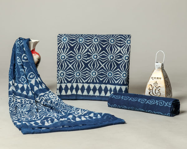 INDIGO HAND BLOCK PRINT PURE COTTON SUIT WITH CHIFFION DUPTTA (PCHFYS82)