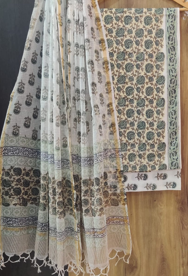 DESIGNER HAND BLOCK PRINT PURE COTTON SUIT MATERIAL WITH KOTA DORIA DUPATTA (3CKDYS42)